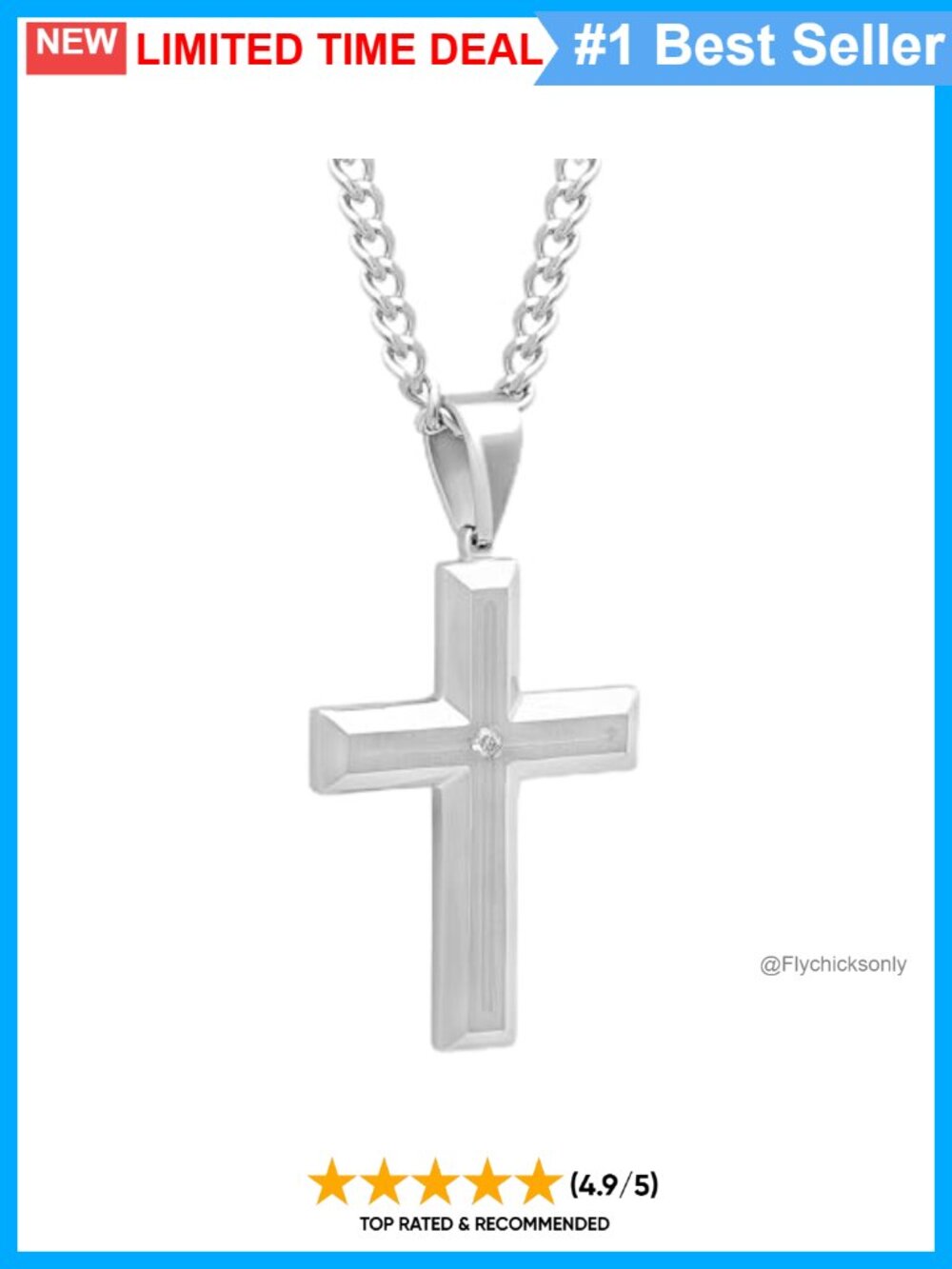 Mens Diamond Cross Pendant Necklace Cuban Link 24 Inch Stainless Steel